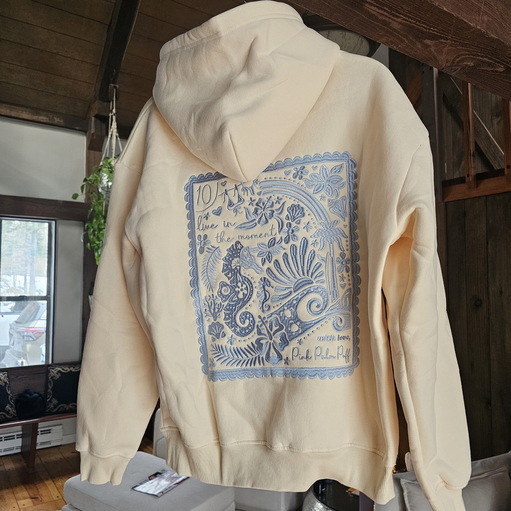Pink Palm Puff "Live In The Moment" Hoodie In Cream NWT